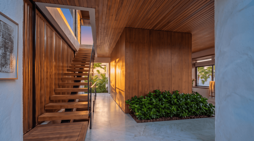 Terra timber staircase foyer at golden hour