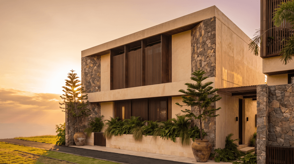 Villa Kova corner stone facade, golden hour